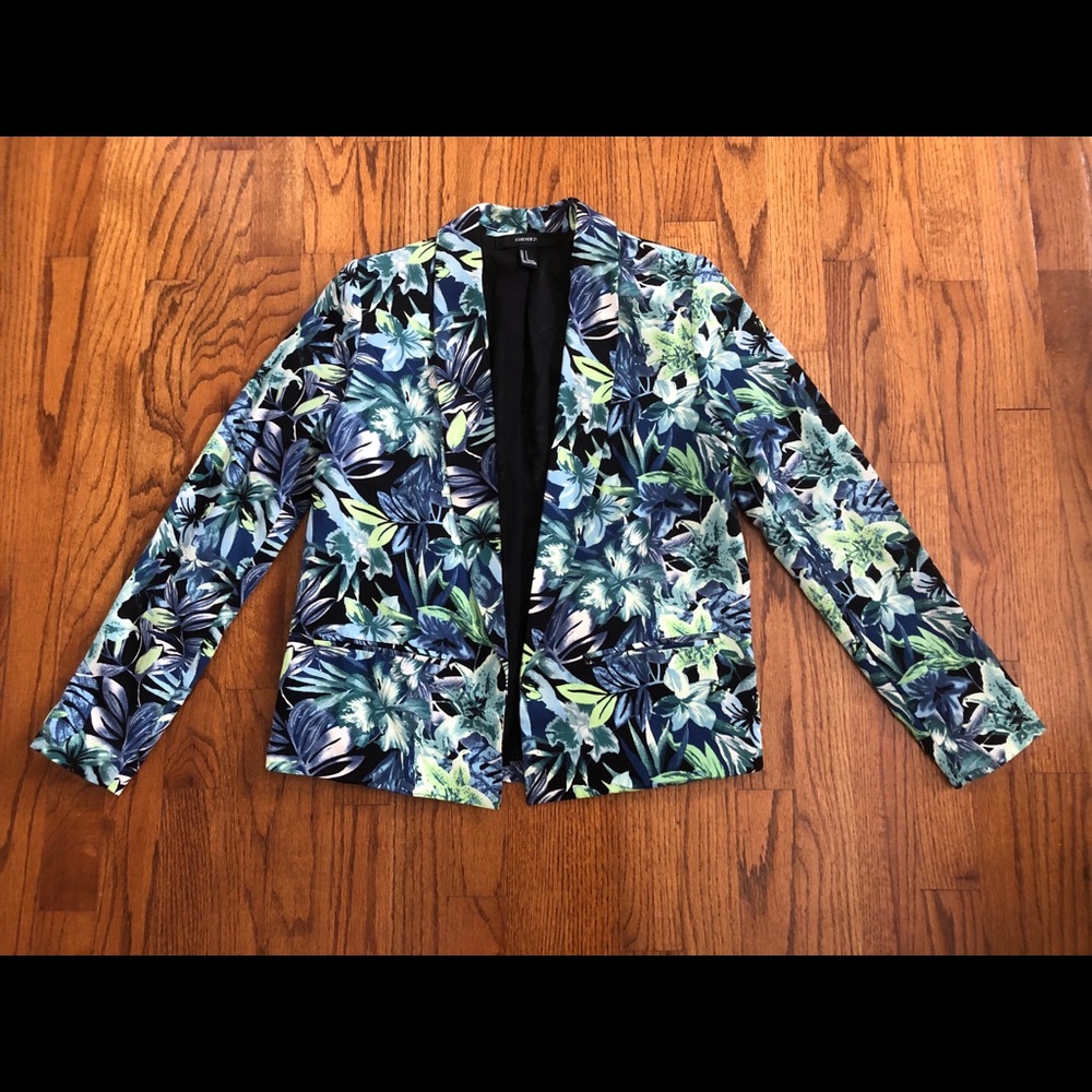 Forever 21 Blue Green Black Floral Leaf Blazer - Picture 5 of 5